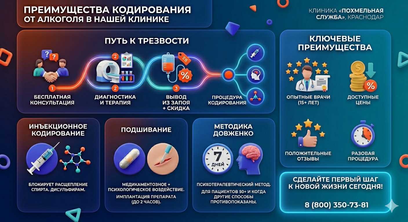 Инфографика о методах кодирования от алкоголя в Балашихе: инъекции, подшивание, метод Довженко. Преимущества клиники и этапы лечения.