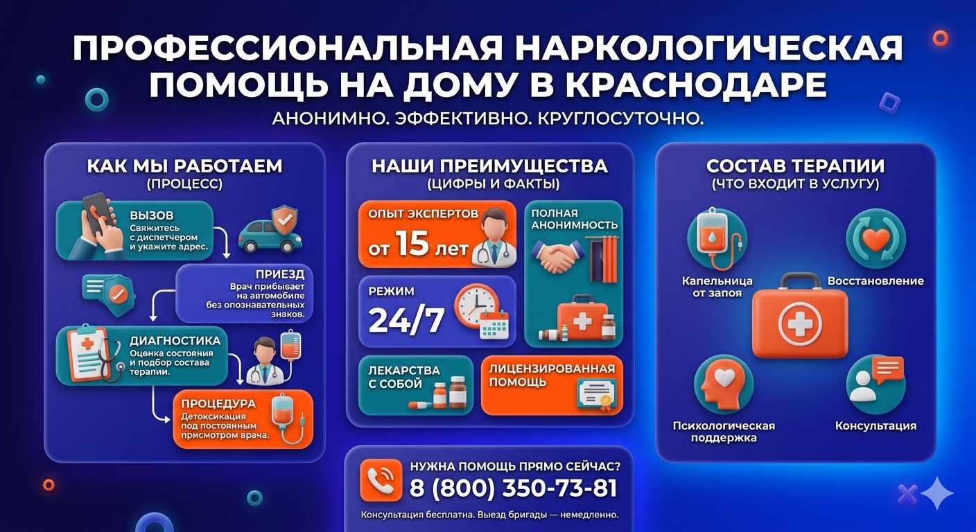 Инфографика о принципах лечения алкоголизма на дому в Балашихе: этапы вызова нарколога, преимущества анонимной детоксикации и состав медицинской помощи.